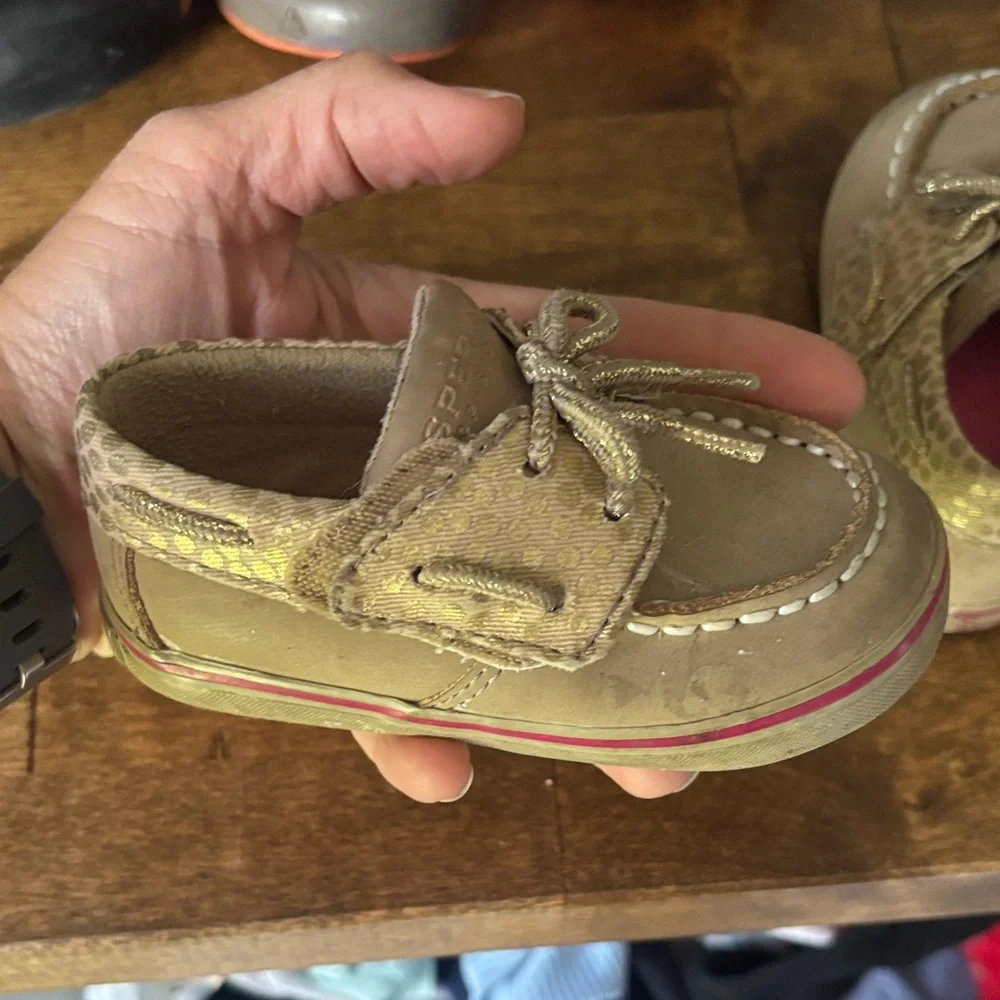 Used Sperry Kids Tan Slip-On Moccasins with Red Insole Accents